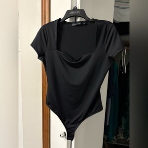 New York and Company NY&C solid black short sleeve poly spandex bodysuit Medium